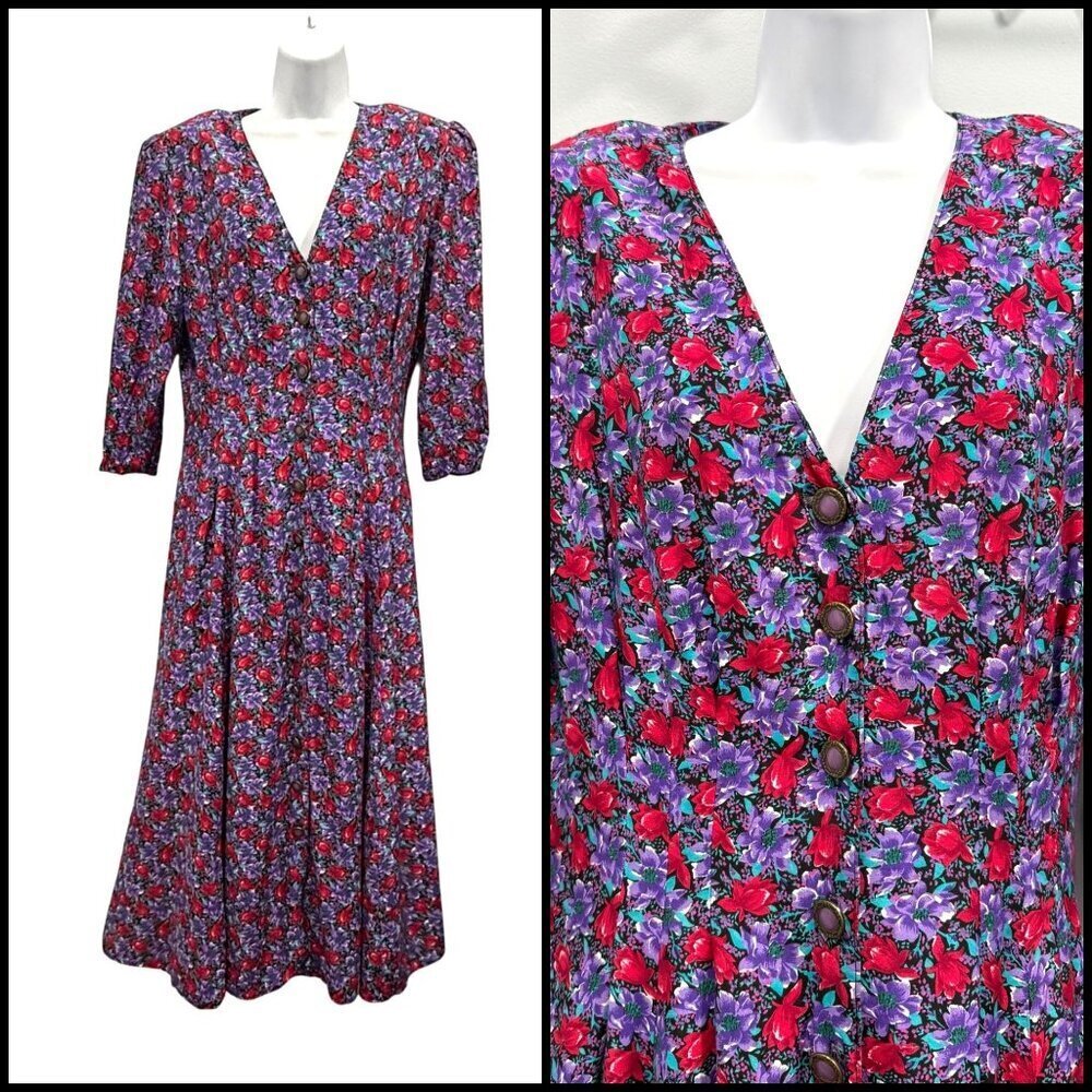 VTG Jonathan Martin Vibrant Floral‎ Midi Button Dress Cottage Purple Red Size 12